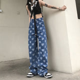Loose Straight Leg Love Design Denim Pants