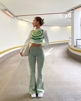 Simple Green Flared Slim Trousers