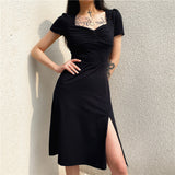 Square Neck Pleated Waist Slim Dress