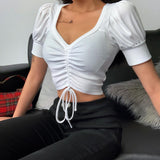 Puff Sleeve Drawstring Short Sleeve Top