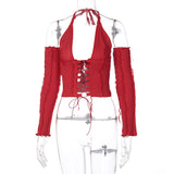 Long-sleeved T-shirt with Halterneck Tie On Chest