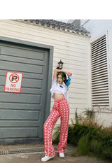 Heart Shaped Print High Rise Wide Leg Trousers