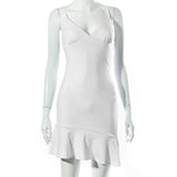 Pure Color Sling Stitching Halter Ruffle Short Dress