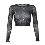 Ins Wind See-Through Mesh Sun And Moon Print Long-Sleeved T-Shirt