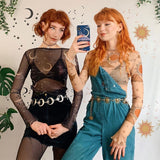 Ins Wind See-Through Mesh Sun And Moon Print Long-Sleeved T-Shirt