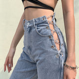 High Waist Hollow Strap Casual Jeans
