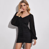 Elastic V-Neck Long-Sleeved Pleated Hip Dress