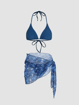 Ensemble 3 pièces bikini uni dos nu avec sarong assorti