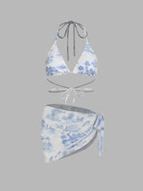 Ensemble bikini dos nu motif toile de Jouy avec sarong assorti