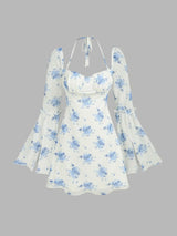 Robe courte à manches évasées florale nouée