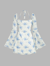 Robe courte à manches évasées florale nouée