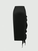 Jupe noire mi-longue fendue à volants plissés