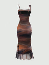 Robe longue tie dye à fines bretelles et ourlet sirène plissé