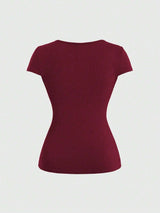 Top bordeaux à encolure en cœur et dentelle contrastée