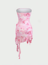 Robe courte rose asymétrique fleuri