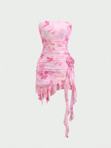 Robe courte rose asymétrique fleuri