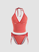 Ensemble tankini rayé femme à col V noué avec bretelles réglables