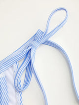 Ensemble bikini dentelle rayée à col V avec short de plage et bretelles réglables