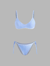 Ensemble bikini dentelle rayée à col V avec short de plage et bretelles réglables