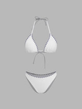 Ensemble bikini triangle col halter à bordures contrastées en dentelle florale