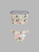 Ensemble bikini floral sans bretelles avec bords froncés style laitue