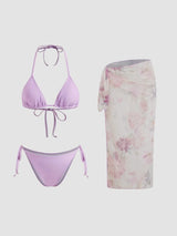 Ensemble bikini triangle noué col halter avec sarong floral assorti
