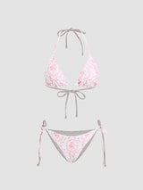 Ensemble bikini col V à nouer avec fleurs et sarong en dentelle assorti
