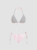 Ensemble bikini col V à nouer avec fleurs et sarong en dentelle assorti