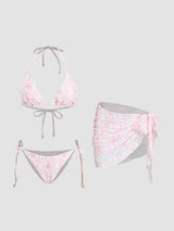 Ensemble bikini col V à nouer avec fleurs et sarong en dentelle assorti