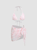 Ensemble bikini col V à nouer avec fleurs et sarong en dentelle assorti