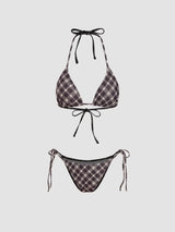 Ensemble bikini triangle à col halter vichy avec short et écharpe