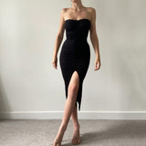 Lace Up Drawstring Ruched Side Slit Midi Dress