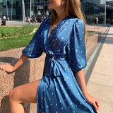 V-neck high waist lace up split holiday long dress