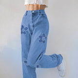 Floral Pattern Stitching Loose Straight-leg Jeans