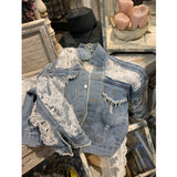 Mesh embroidery ripped denim jacket
