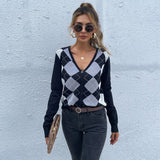 Long Sleeve Check V-Neck Cardigan