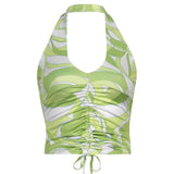 Smocked Abstract Print Cropped Sleeveless Open-back Tank Top