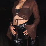 Long Sleeve V-Neck Gauze Sheer Crop T-Shirt