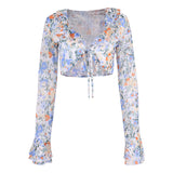 Printed Lace-up Flared Sleeve Chiffon Shirt
