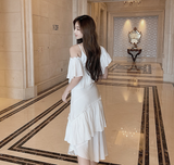 Sling ruffled off-shoulder slim dress