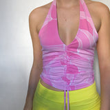 Smocked Abstract Print Cropped Sleeveless Open-back Tank Top