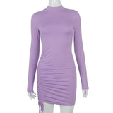 Solid Color High Neck Long Sleeves Mini Dress