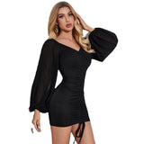Elastic V-Neck Long-Sleeved Pleated Hip Dress