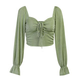 Sweet Drawstring Cutout Flared Sleeve Top