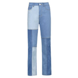 Asymmetric Stitching Contrast Color High-waist Jeans