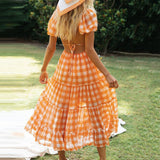 Short Puff Sleeves Lace-Up Dress