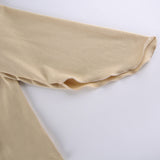 Khaki Fungus Trim Irregular Hem V-Neck Long Sleeve Top