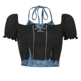 Bubble Ruffle Chain Tie Dye Halter Crop Short Sleeve T-Shirt