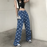 Loose Straight Leg Love Design Denim Pants