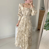 Women's Printed Waist Long Pleated Dress